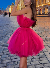 Barbie Pink A-Line Sleeveless Short/Mini Tulle Homecoming Dresses-Ballbella