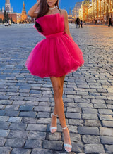 Barbie Pink A-Line Sleeveless Short/Mini Tulle Homecoming Dresses-Ballbella
