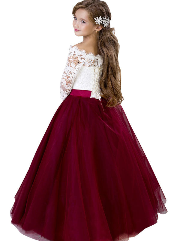 flower girl dresses Bateau Neck Tulle 3/4 Length Sleeves Floor Length Princess Silhouette Sash Kids Party Dresses