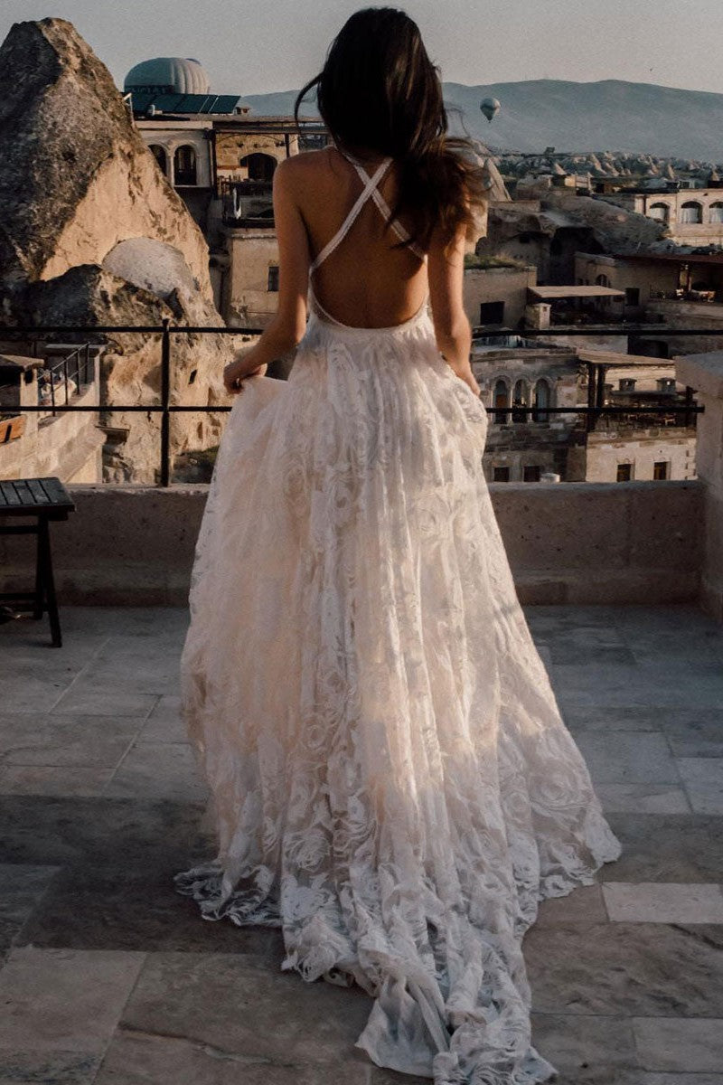 Beach Wedding Dress With Chapel Train White Chic V-Neck Sleeveless Sexy Backless Lace Split Long Bridal Gowns Beach Wedding Dress With Chapel Train White Chic V-Neck Sleeveless Sexy Backless Lace Split Long Bridal Gowns