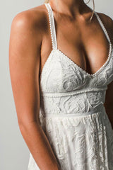 Beach Wedding Dress With Chapel Train White Chic V-Neck Sleeveless Sexy Backless Lace Split Long Bridal Gowns-Ballbella