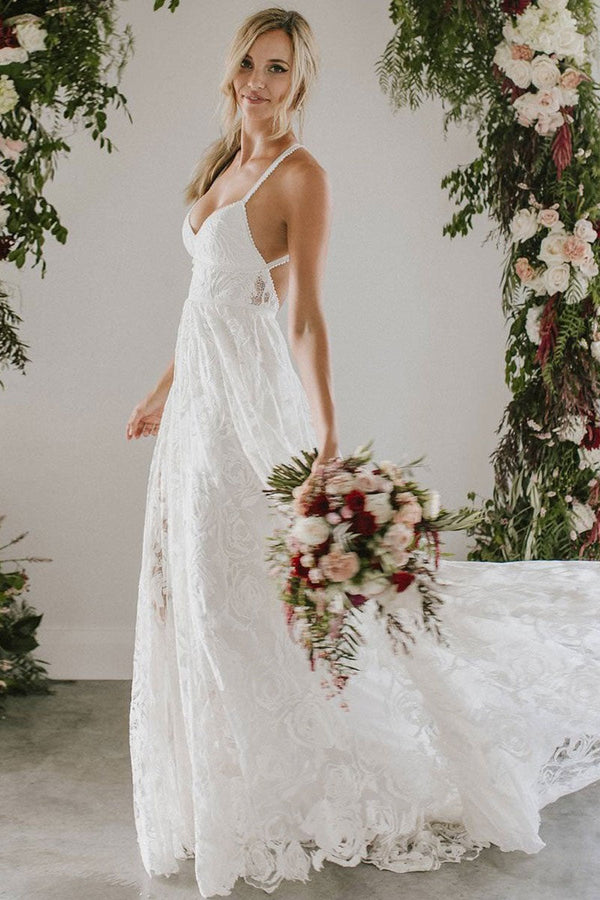 Beach Wedding Dress With Chapel Train White Chic V-Neck Sleeveless Sexy Backless Lace Split Long Bridal Gowns-Ballbella