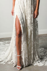 Beach Wedding Dress With Chapel Train White Chic V-Neck Sleeveless Sexy Backless Lace Split Long Bridal Gowns-Ballbella