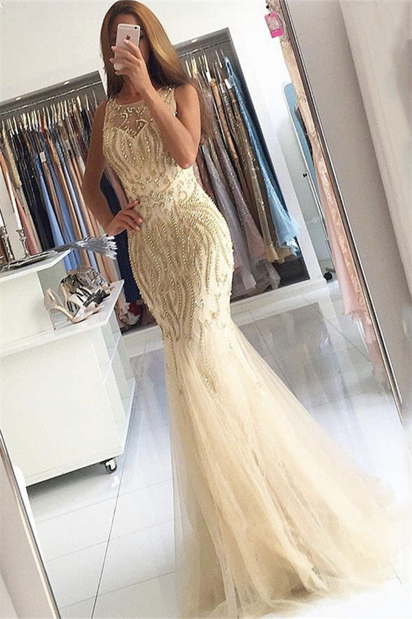 Customizing this New Arrival Beaded Crystals Mermaid Tulle Chic Evening Gown Champagne Affordable Prom Party Gowns BA6133 on Ballbella. We offer extra coupons,  make Prom Dresses, Evening Dresses in cheap and affordable price. We provide worldwide shipping and will make the dress perfect for everyone.