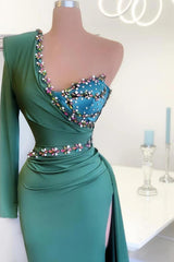 Beaded Green Long Prom Dress One Shoulder With Long Sleeve On One Side-Ballbella