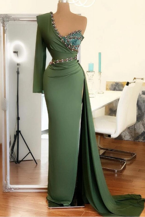 Beaded Green Long Prom Dress One Shoulder With Long Sleeve On One Side-Ballbella
