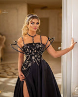 Beaded Moon and Night Black Sparkle Sequin High Split Evening Dress-Ballbella