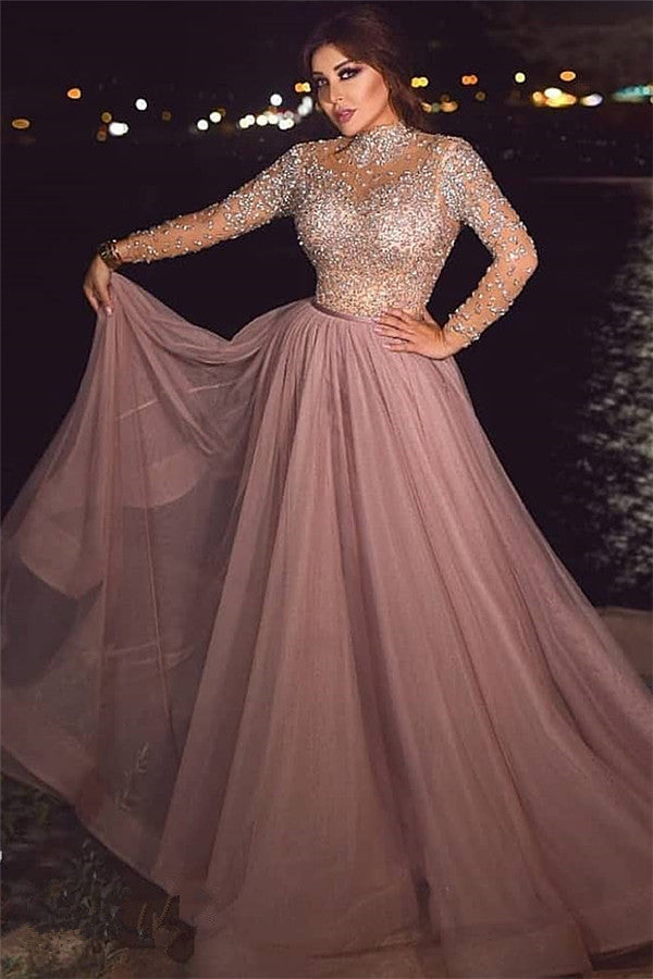 Beading A-line High-neck Evening Dresses Floor Length Prom Dresses-Ballbella