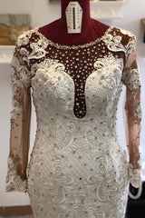 Beading Mermaid Sheer Tulle Wedding Dress Appliques Long Sleeves Bridal Dress-Ballbella