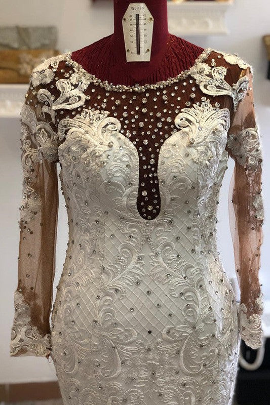 Beading Mermaid Sheer Tulle Wedding Dress Appliques Long Sleeves Bridal Dress-Ballbella