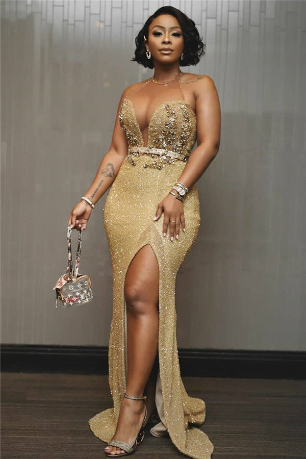 Beading Mermaid V-neck Evening Dresses Chic Side Slit Prom Dresses-Ballbella