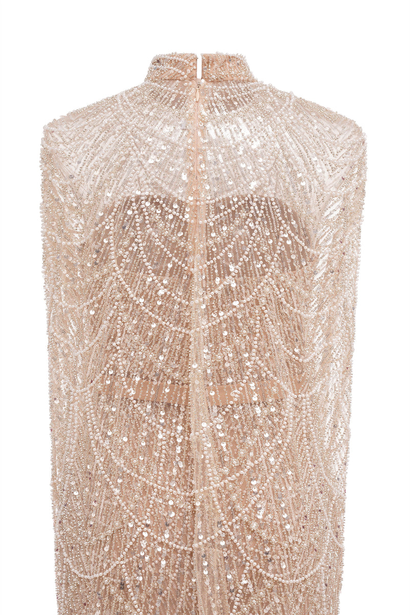 Beading Sweep Train High Neck Zipper Sleeveless Evening Dress-Ballbella