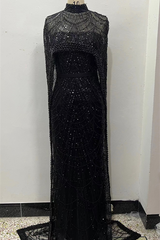 Beading Sweep Train High Neck Zipper Sleeveless Evening Dress-Ballbella