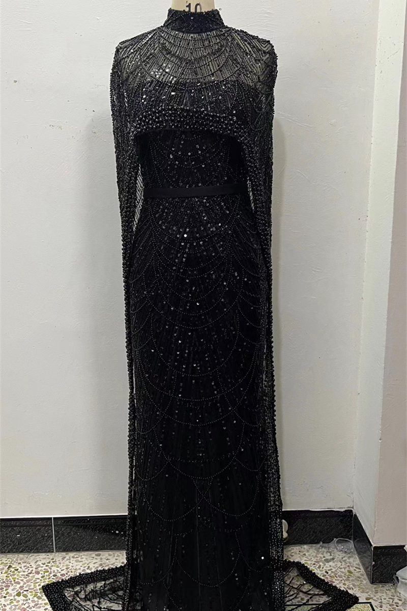 Beading Sweep Train High Neck Zipper Sleeveless Evening Dress-Ballbella
