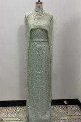 Beading Sweep Train High Neck Zipper Sleeveless Evening Dress-Ballbella