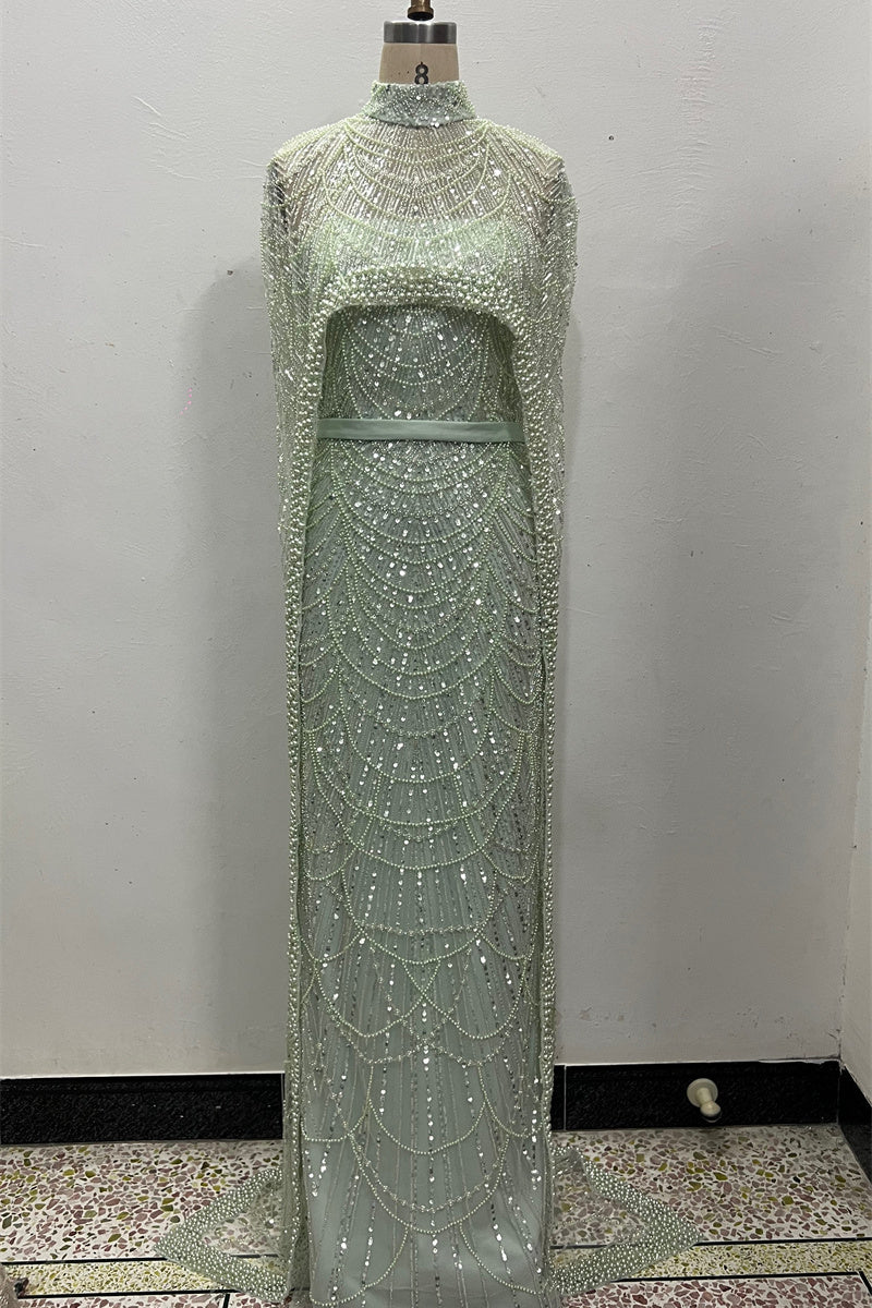 Beading Sweep Train High Neck Zipper Sleeveless Evening Dress-Ballbella