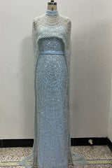 Beading Sweep Train High Neck Zipper Sleeveless Evening Dress-Ballbella