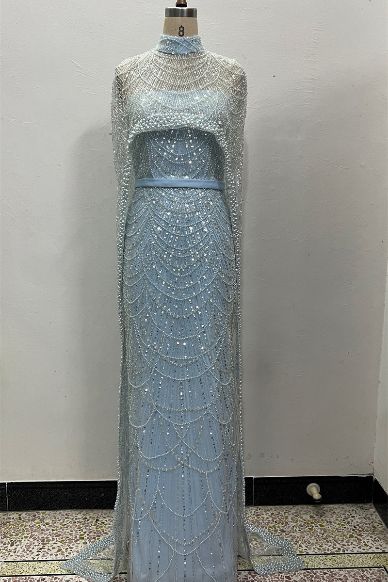 Beading Sweep Train High Neck Zipper Sleeveless Evening Dress-Ballbella