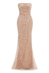 Beading Sweep Train High Neck Zipper Sleeveless Evening Dress-Ballbella