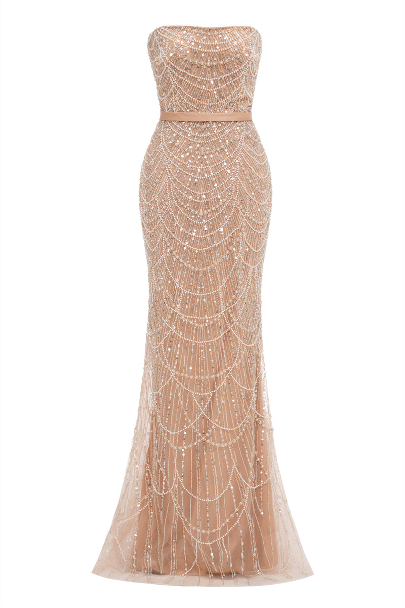 Beading Sweep Train High Neck Zipper Sleeveless Evening Dress-Ballbella