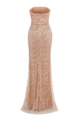 Beading Sweep Train High Neck Zipper Sleeveless Evening Dress-Ballbella