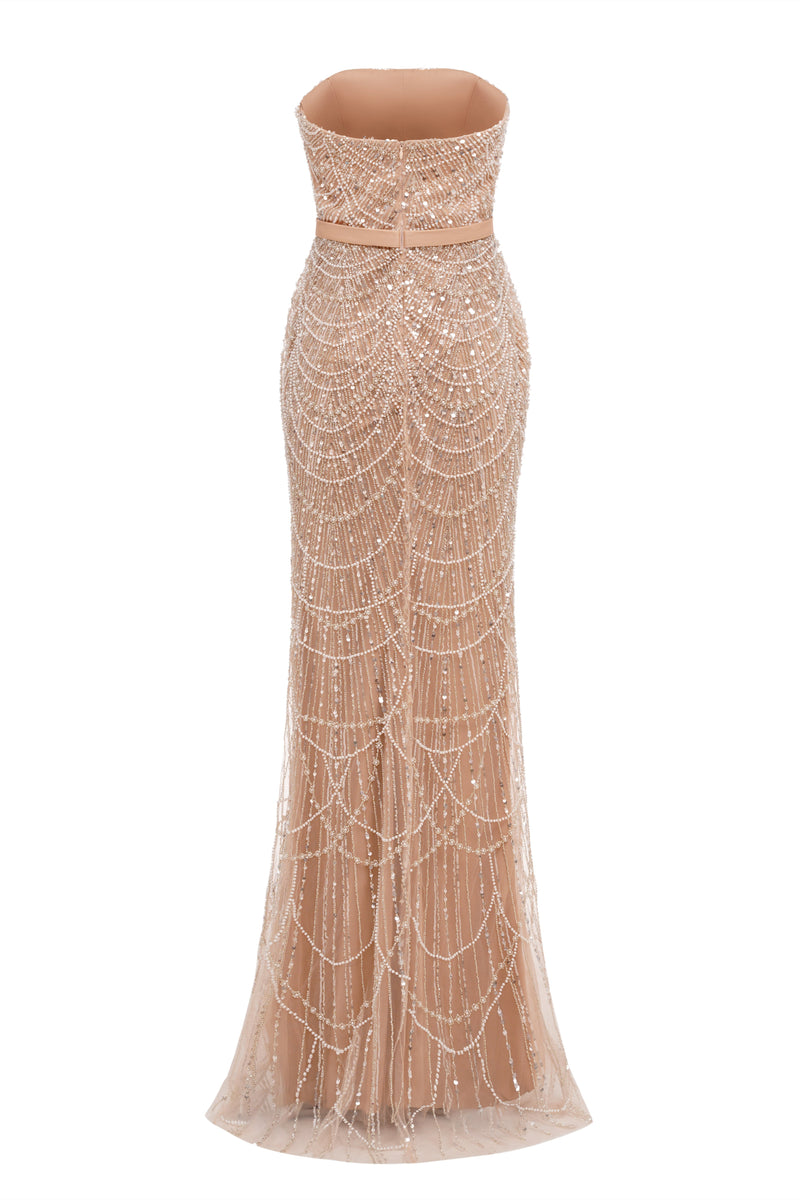 Beading Sweep Train High Neck Zipper Sleeveless Evening Dress-Ballbella