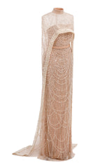Beading Sweep Train High Neck Zipper Sleeveless Evening Dress-Ballbella