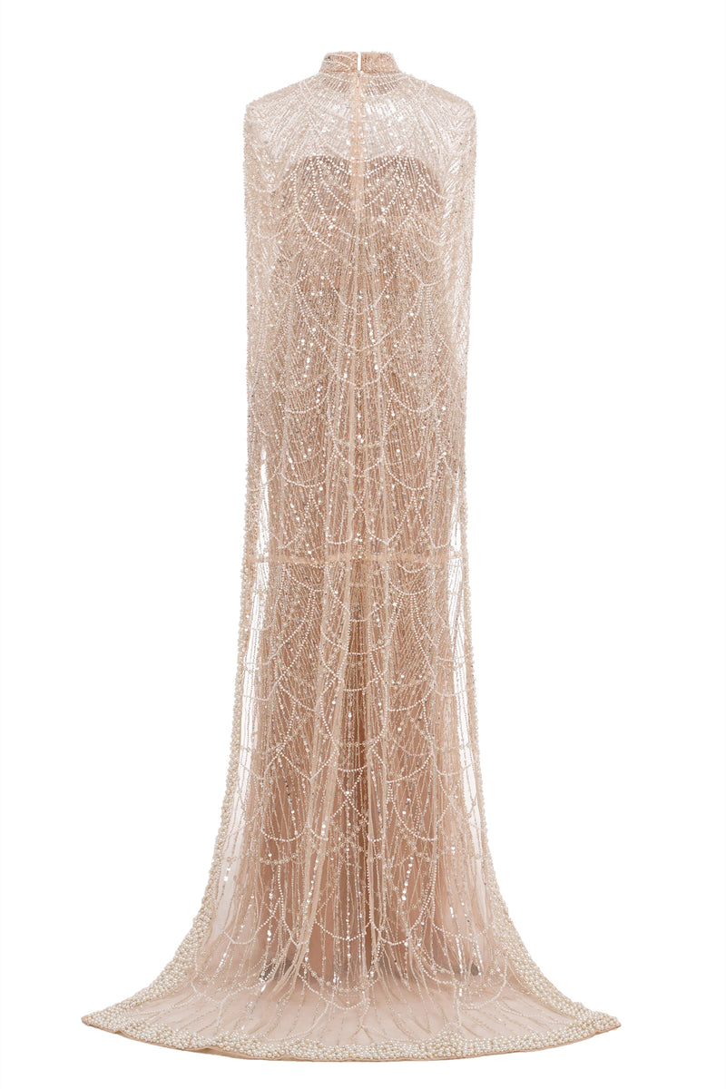 Beading Sweep Train High Neck Zipper Sleeveless Evening Dress-Ballbella