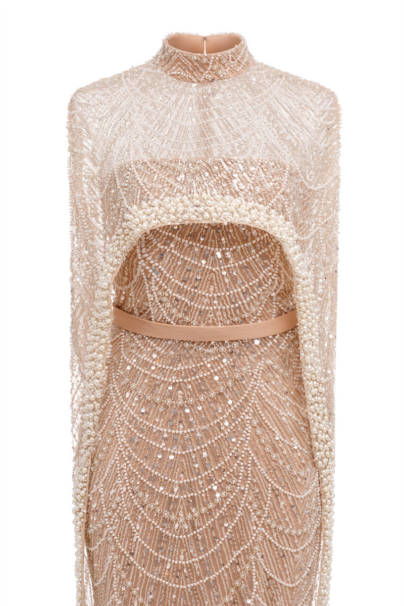 Beading Sweep Train High Neck Zipper Sleeveless Evening Dress-Ballbella