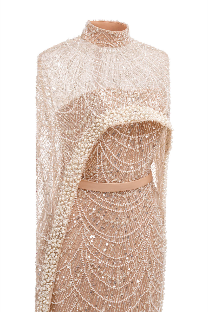Beading Sweep Train High Neck Zipper Sleeveless Evening Dress-Ballbella