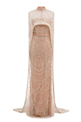 Beading Sweep Train High Neck Zipper Sleeveless Evening Dress-Ballbella