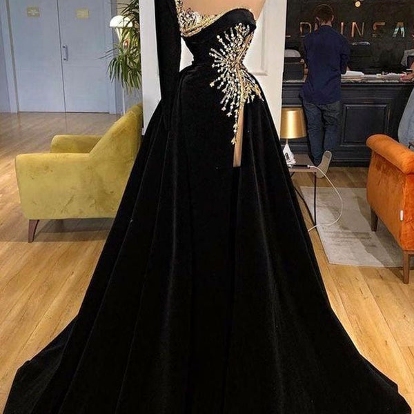 Beading Sweetheart A-Line Black Prom Dress with One Sleeve