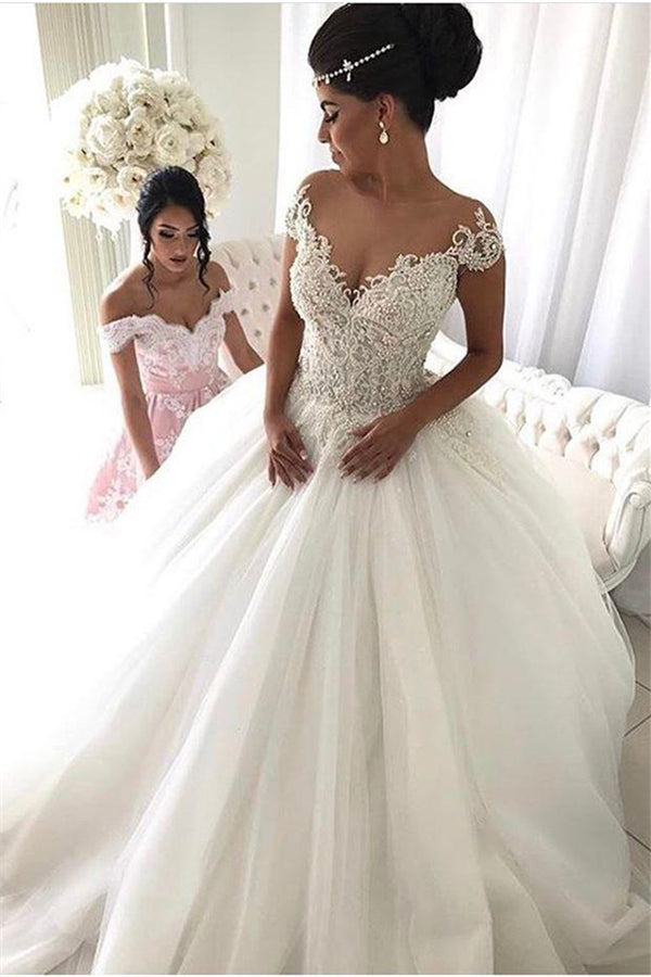 Beads Lace Royal Wedding Dresses Princess Ball Gown Sheer Tulle Modern Bridal Gowns-Ballbella