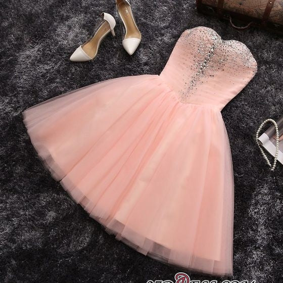 Beads Sequins Short Homecoming Dresses Sweetheart Coral Pink Hoco Dress-Ballbella