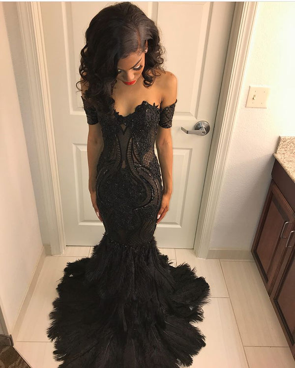 Ballbella offers Beads Unique Lace Appliques Feather Prom Dresses Off-The-Shoulder Fit and Flare Evening Gowns On Sale at an affordable price from to Mermaid skirts. Shop for gorgeous Sleeveless prom dresses collections for your big day.