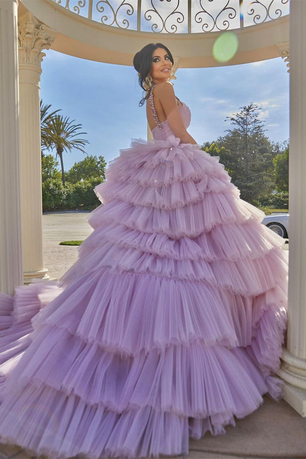 Beautiful A-line Lilac Straps Ruffles Sleeveless Prom Dress-Ballbella