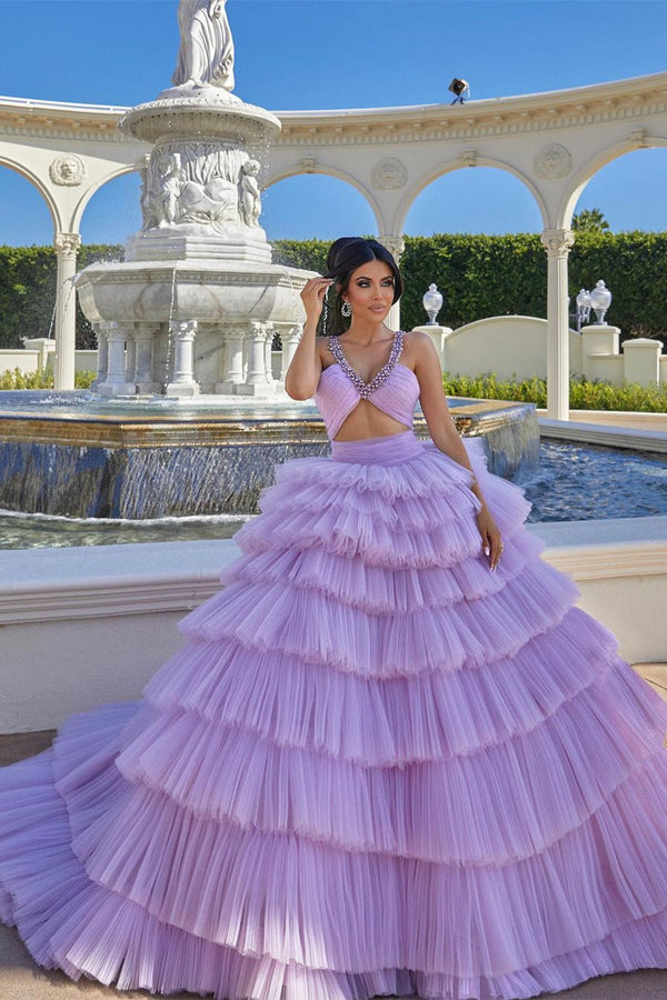 Beautiful A-line Lilac Straps Ruffles Sleeveless Prom Dress-Ballbella