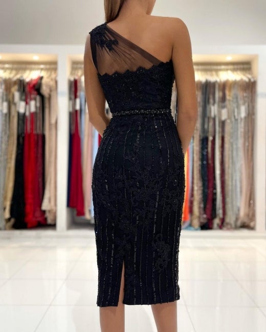 Beautiful Black Short Prom Dress Lace Appliques Online-Ballbella