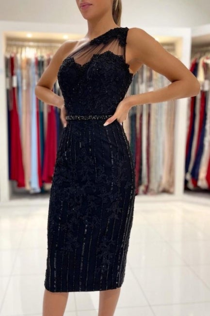 Beautiful Black Short Prom Dress Lace Appliques Online-Ballbella
