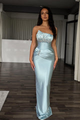 Beautiful Blue Strapless Sleeveless Satin Mermaid Prom Dresses Gem With Pleats-Ballbella