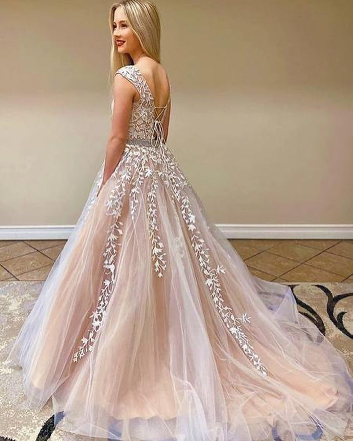 Beautiful Cap Sleeve Lace Prom Dress Long Tulle Evening Party Gowns Beautiful Cap Sleeve Lace Prom Dress Long Tulle Evening Party Gowns
