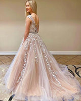 Beautiful Cap Sleeve Lace Prom Dress Long Tulle Evening Party Gowns-Ballbella
