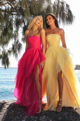 Beautiful Daffodil Strapless A-Line Prom Dresses Sleeveless With High Slit Online-Ballbella