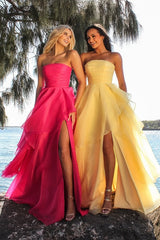 Beautiful Daffodil Strapless A-Line Prom Dresses Sleeveless With High Slit Online-Ballbella