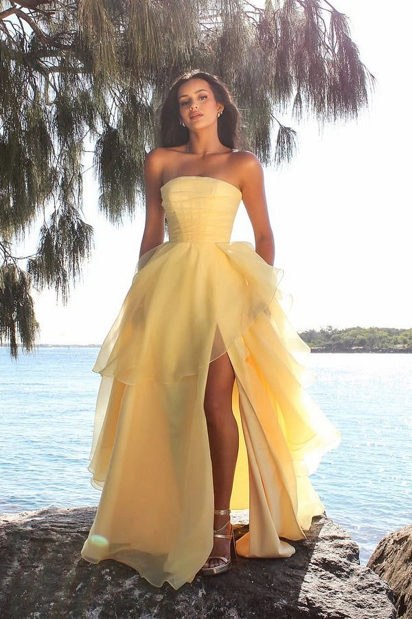 open lace back dress Beautiful Daffodil Strapless A-Line Prom Dresses Sleeveless with High Slit Online
