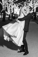 Beautiful Halter Satin Sleeveless Wedding Dresses A-Line Open Back With Buttons-Ballbella