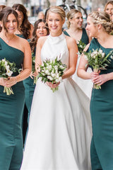 Beautiful Halter Satin Sleeveless Wedding Dresses A-Line Open Back With Buttons-Ballbella