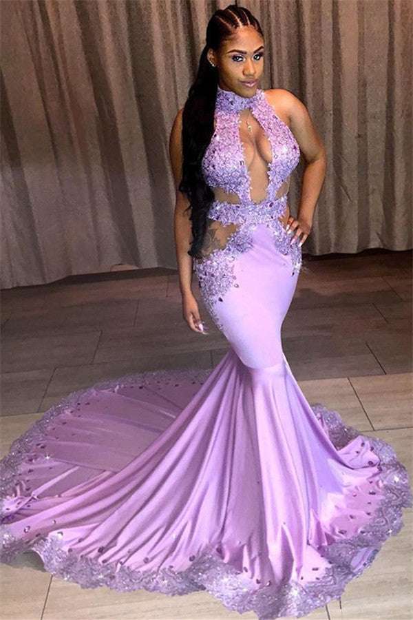 This beautiful Beautiful Halter Sleeveless Sequins Appliques Lace Mermaid Prom Dresses will make your guests say wow. The High Neck bodice is thoughtfully lined,  and the Floor-length skirt with Lace, Beading, Appliques to provide the airy,  flatter look of Stretch Satin.