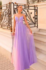 Beautiful Lilac Spaghetti-Strap Sleeveless Tulle Prom Dress A-Line With Zipper Flower-Ballbella