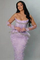 Beautiful Lilac Strapless Mermaid Prom Dress Column Gem With Flower Gloves-Ballbella
